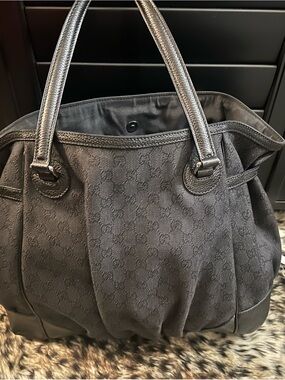 Gucci Black Denim Monogram Tote with Leather Trim - Authentic - Like New